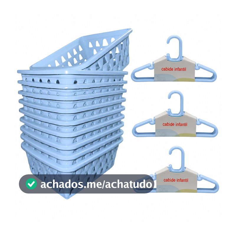 Kit 10 Cabides Infantil Azul + 10 Cestos Infantil Plástico Reforçado Criança Bebê Organizador