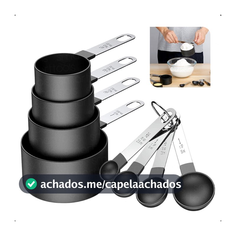 Conjunto Colher Xicaras Medidoras Com 8 Peças Inox Prático Colher Medidora Cozinha Alimentos