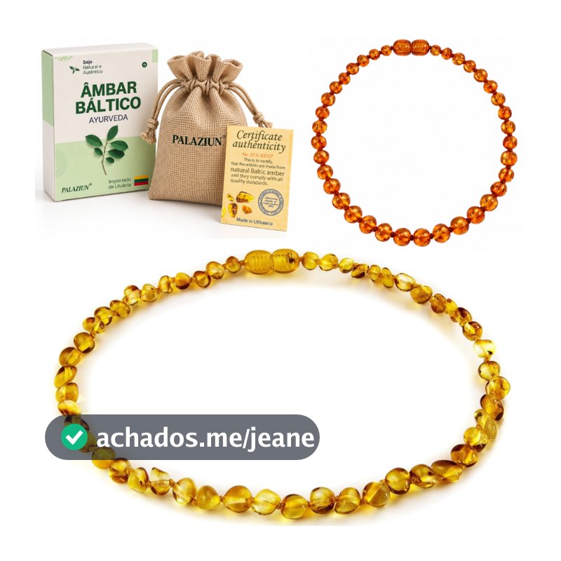 Colar de Âmbar Bebê Original 33 cm Infantil Neném Bebe Certificado Importado Lituania C/ Bolsinha de Juta Pedra Natural
