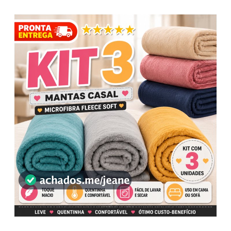 Kit 3 Mantas Lisas Cobertor Fleece Casal Padrão 2,00m x 1,80m Cores Sortidas Mantinha Soft Luxo