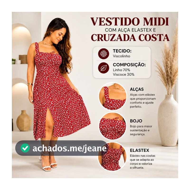 Vestido Midi Estampado Floral com Alça e Elastex Cruzada Costa. Fenda Lateral- Tecido Viscolinho