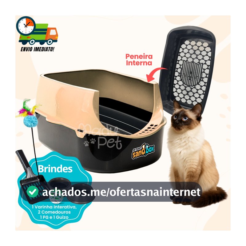 Caixa de Areia Para Gatos Com Tampa Furba + Peneira Interna + Pá Higiênica + 2 Comedouros + 01 Guizo