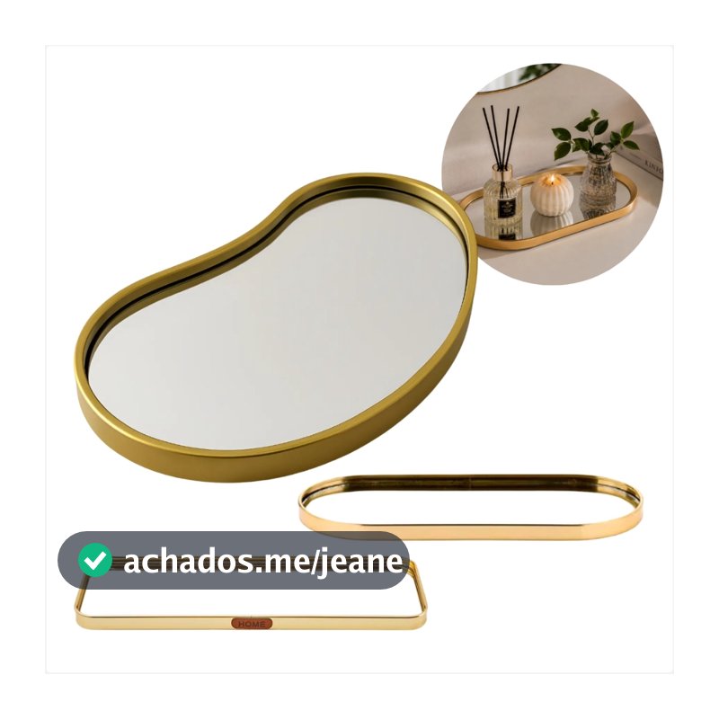 Bandeja Decorativa Moderna com Borda Dourada ou Preta e Base Espelhada em Vidro