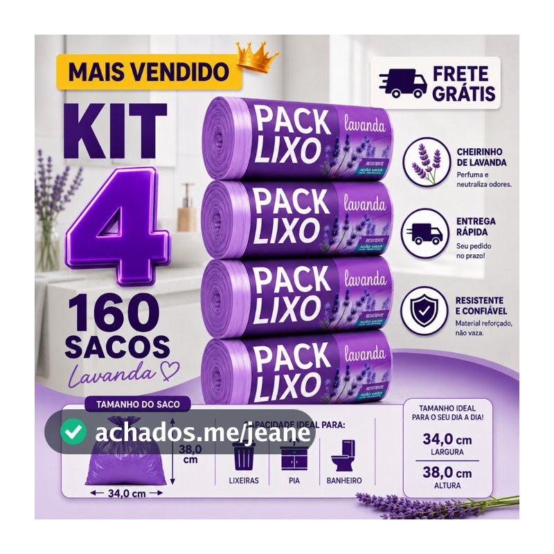Kit 4 Rolos Saco de Lixo Perfumado Lavanda 10L 160 Sacos Pia Banheiro Resistente Antiodor