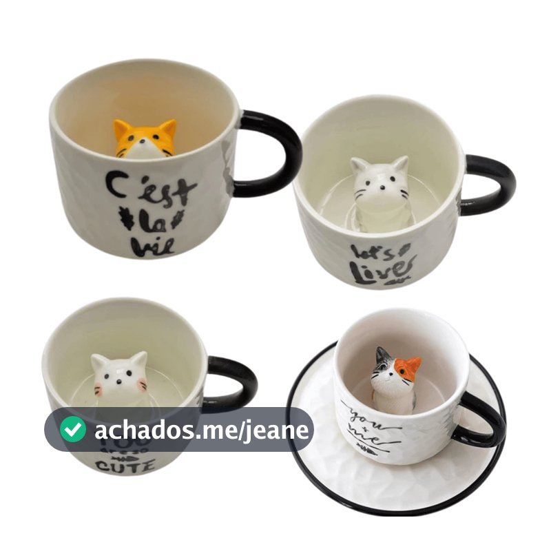 Caneca Cerâmica Com Gato Dentro Fofo 3d Xícara Café Leite Chá