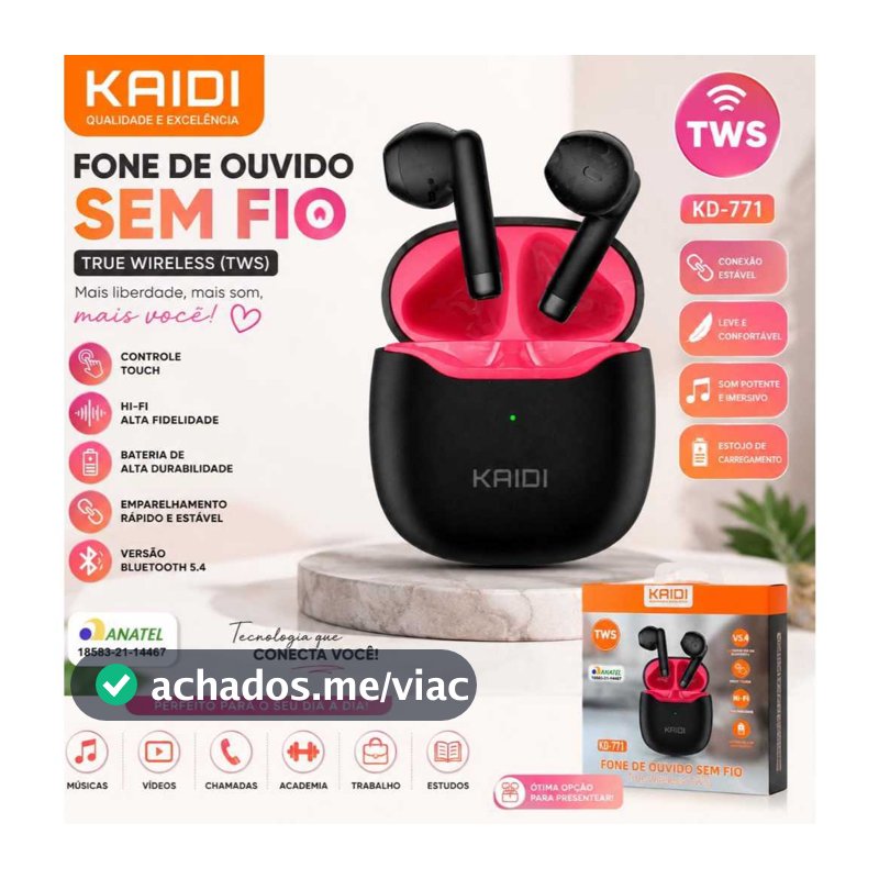 fone de ouvido, fone sem fio, fone Bluetooth, fone TWS, fone Kaidi, Kaidi KD-771, fone Bluetooth Kaidi, fone de ouvido