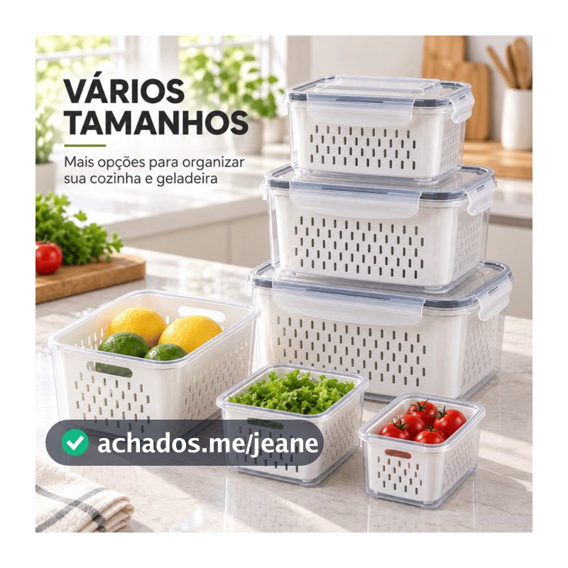 Kit 3 Potes Organizadores de Geladeira com Cesto Escorredor Tampa 850ml 1750ml 3300ml
