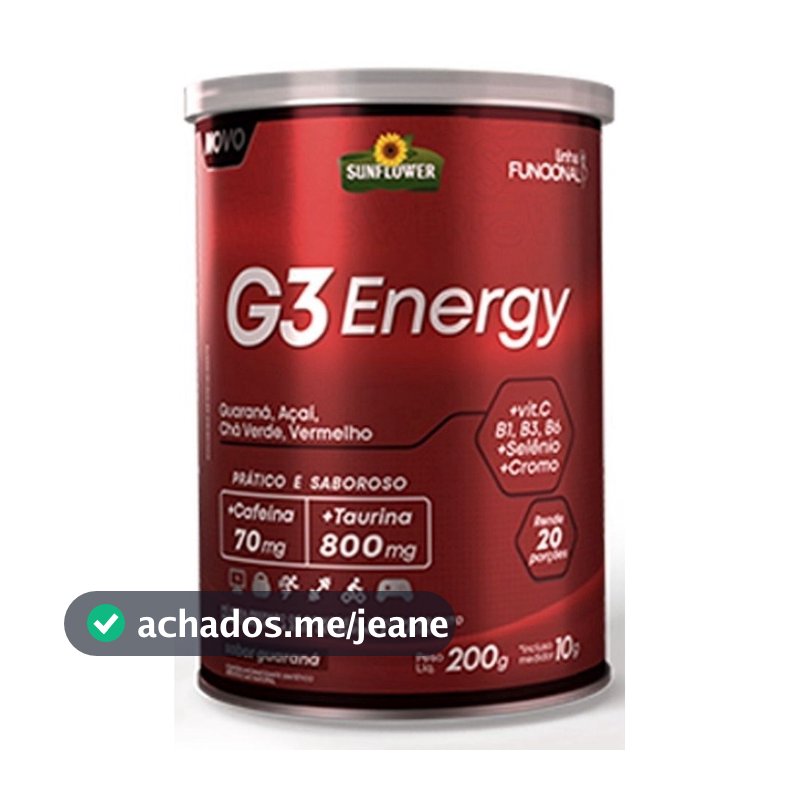 G3 Energy 200g Açaí e Guaraná Energético Termogênico Pré-treino Taurina Cafeína Vitamina Minerais  Sunflower