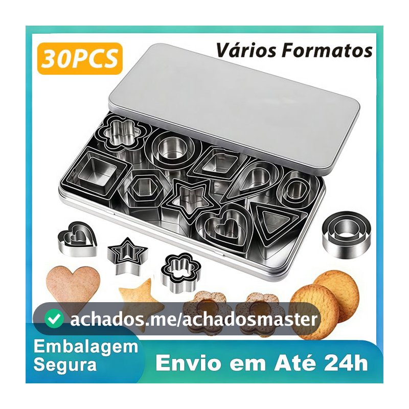 Conjunto 30 Cortadores de Biscoito Aço Inoxidável Formas Variadas Confeitaria Doces Artesanais