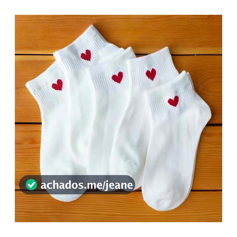 Kit 6 Pares Meias Femininas Cano Curto com Coração Bordado – Meia Algodão Confortável Casual Básica Estilo Coreano