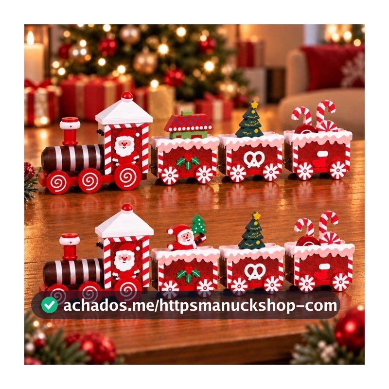 Trem de Natal Decorativo em Madeira com 3 Vagões Enfeite para Decoração Natalina