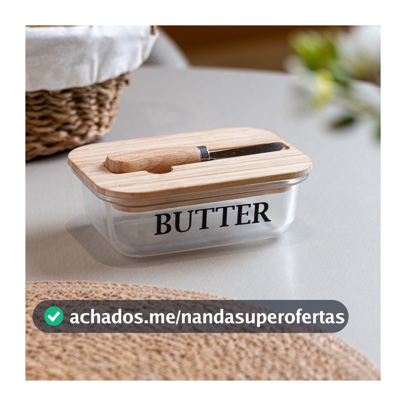 Manteigueira de Vidro com Tampa de Bambu e Espátula Wolff Basic 15cm Porta Manteiga Mesa Posta Café da Manhã Cozinha Pão