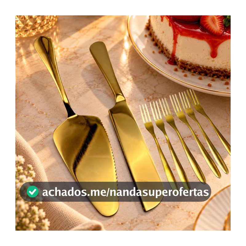 Jogo Talheres Dourados Para Bolo e Sobremesa – 8 Peças Luxo Inox Kit Pá Faca 6 Garfos Festa Casamento Mesa Posta