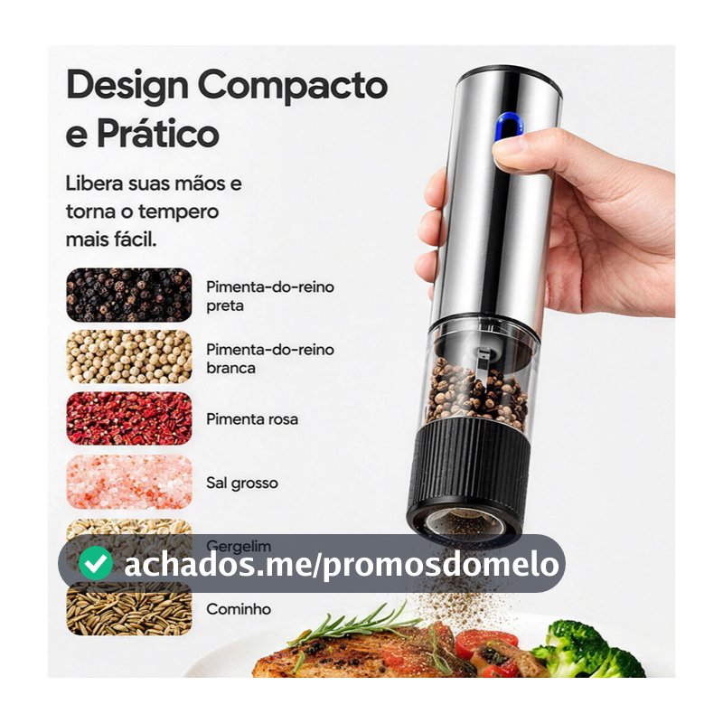 Moedor  De Pimenta Temperos Condimentos  Inox Recarregável ou Pilha Automático Com Ajuste de Moagem