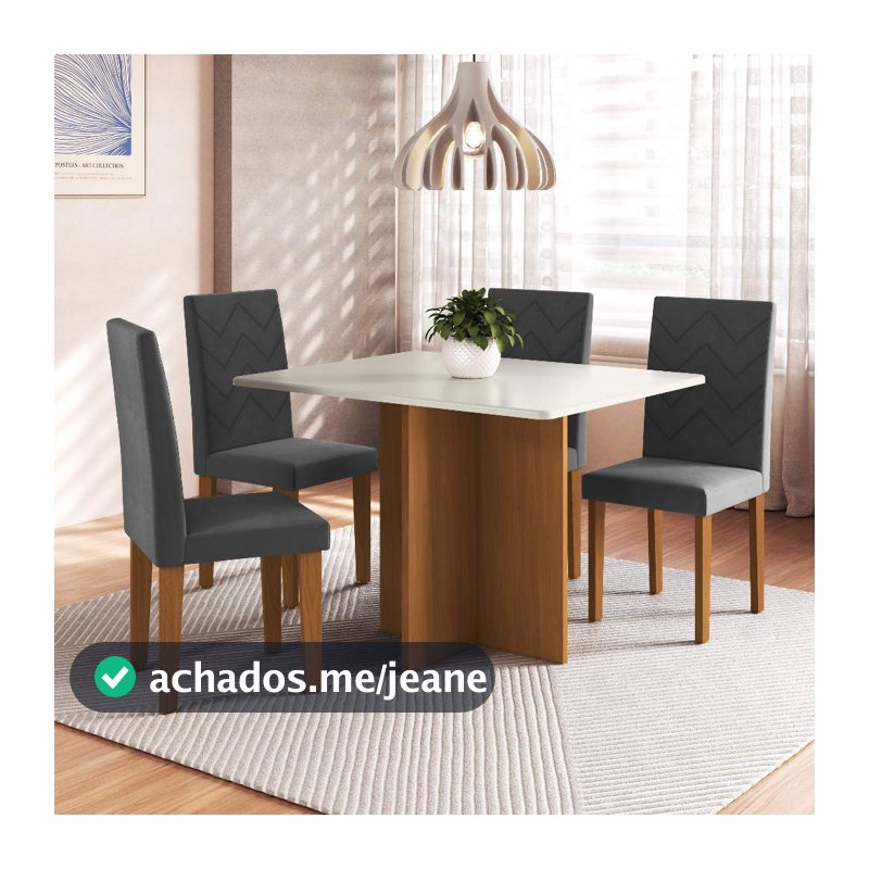 Conjunto Sala de Jantar Fidelitá Itália 110cm Com 4 Cadeiras Freijó/Off-White Assento Grafite