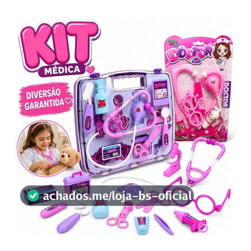 Kit Médica Maleta, Infantil, Educativo, Divertido, Brinquedo Menina, Mini Doutora, Rosa 14 Peças