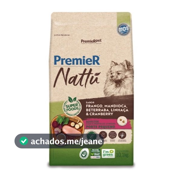 Ração Premier Nattu Cães Adultos Raças Pequenas Mandioca 10,1kg