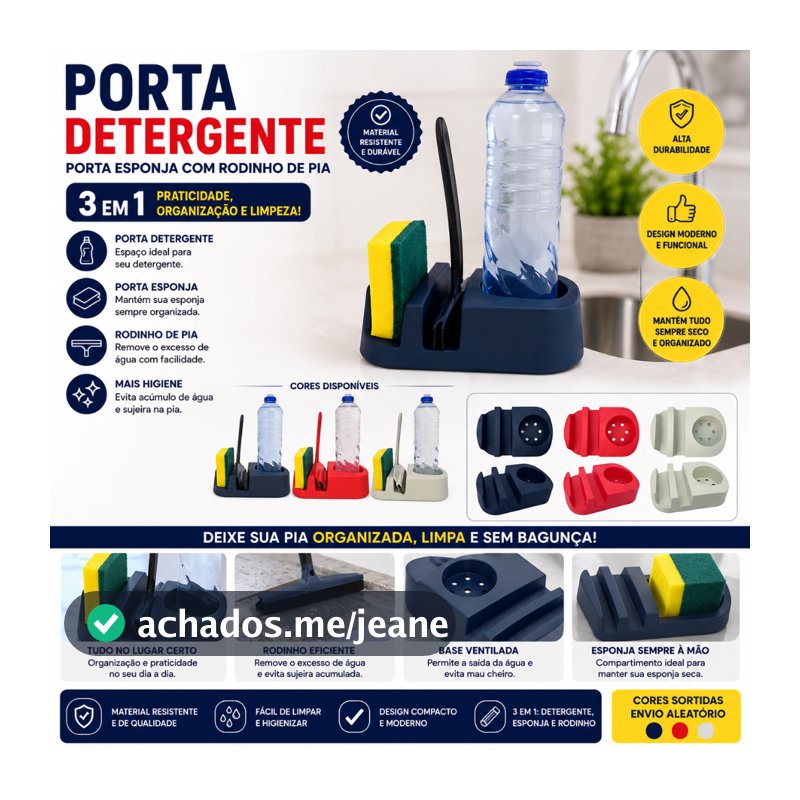 Porta Detergente Porta Esponja com Rodinho de Pia 3 em 1 Organizador de Pia Cozinha Multiuso