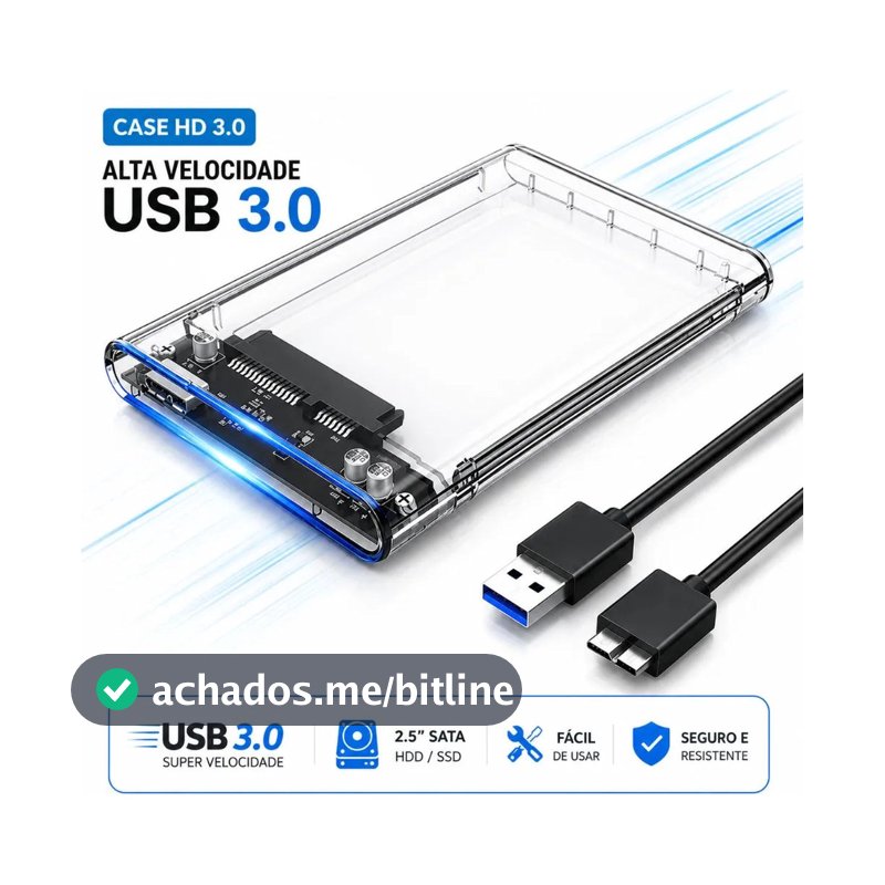 Case HD Externo USB 3.0 para HD/SSD 2.5 Gaveta Externa Transparente com Cabo USB Alta Velocidade Compatível Notebook PC