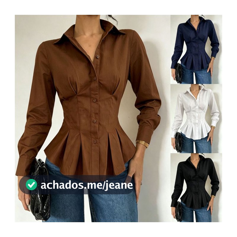 Gola Babado Borda Cintura Cinching Manga Comprida Plissada Camisa