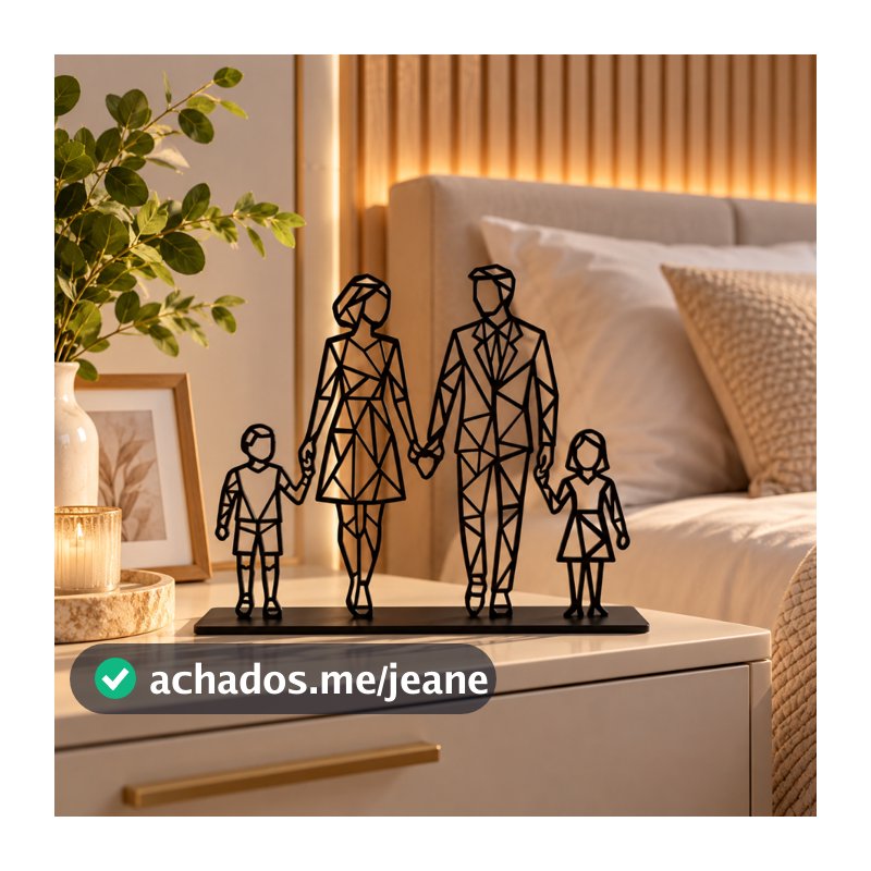 Família Geométrica em MDF Preto com Base Decoração Moderna Pai Mãe Filhos Estilo Minimalista