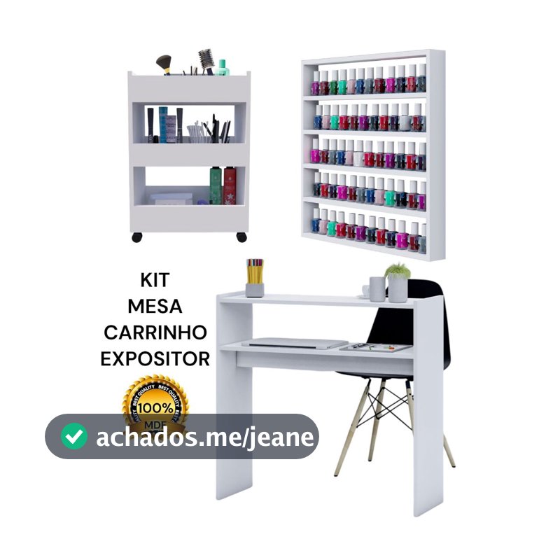 Kit Mesa de Manicure Carrinho Auxiliar Expositor De Esmaltes 100% MDF Salão de Beleza Studio Nail Designer Unha Em Gel