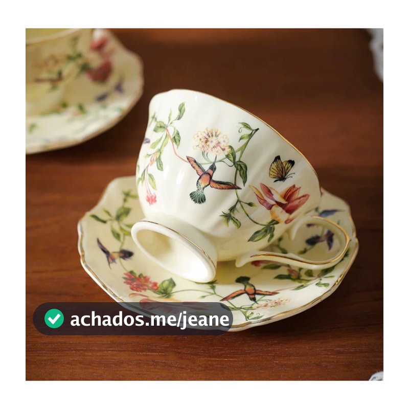 Xícara de Chá Café com Pires Floral Vintage Porcelana Elegante com Pássaros Beja Flor 250ml Decor Mesa Posta