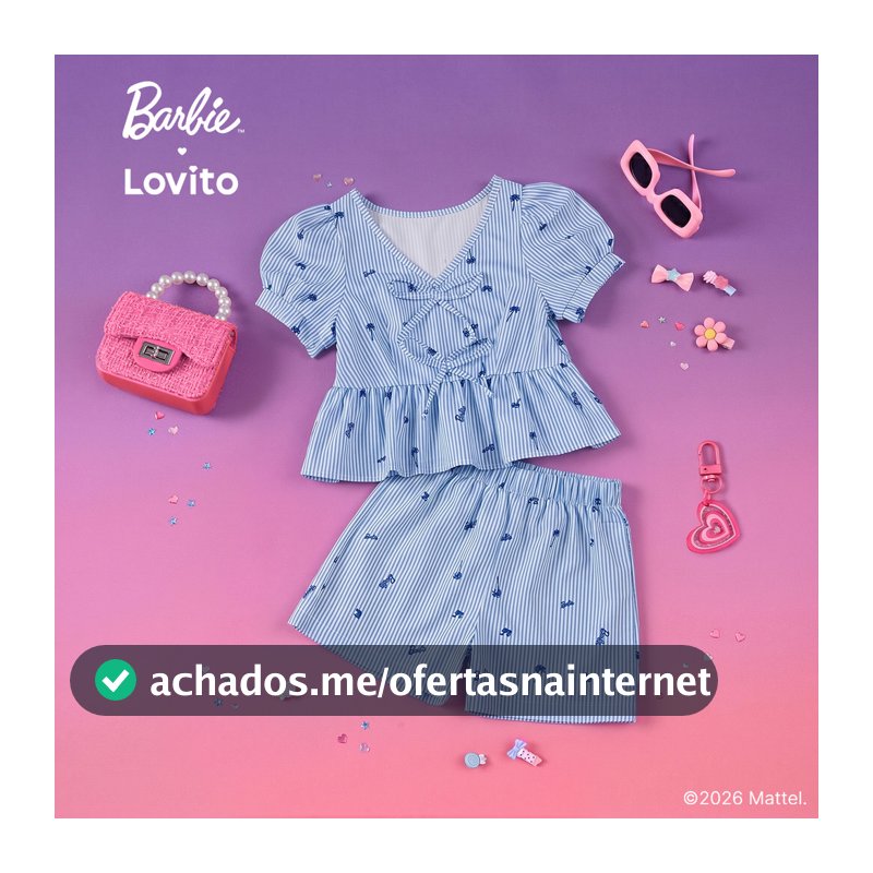 Barbie™ X Lovito Kids Conjunto Short Azul Menina Manga Curta Gola V Pernas Retas e Bordado LBL5AD035
