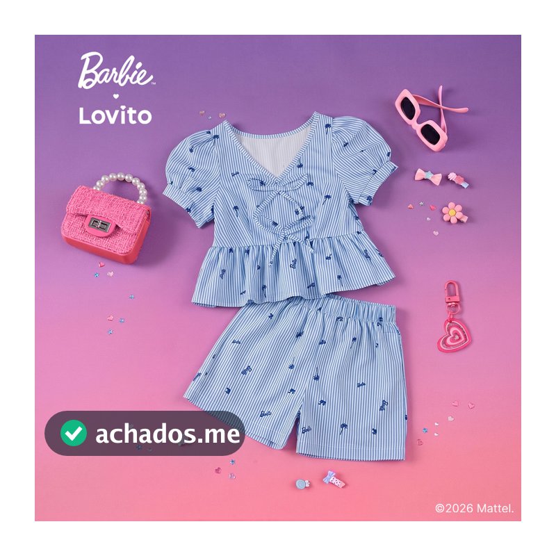 Barbie™ X Lovito Kids Conjunto Short Azul Menina Manga Curta Gola V Pernas Retas e Bordado LBL5AD035