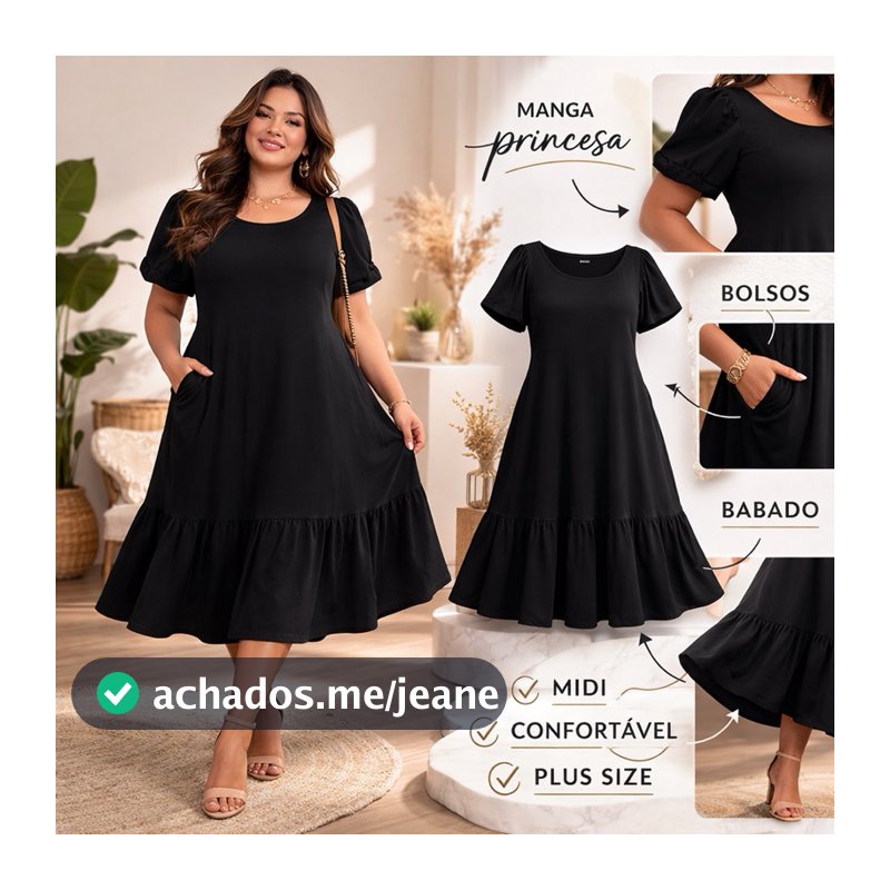 PLUS SIZE vestido midi preto liso estampado liso poliamida bolso babado confortavel elegante