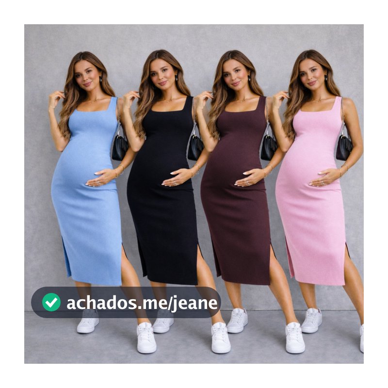 Vestido Midi Tubinho Gestante Canelado/Ribana com Fenda para Gravida Regata Quadrada