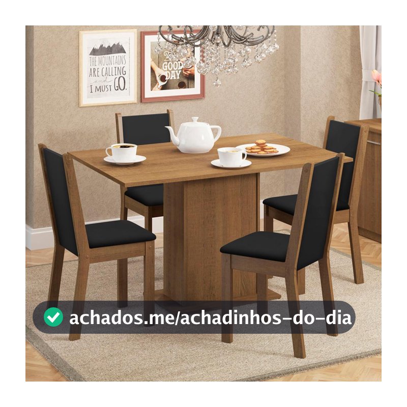Conjunto Sala de Jantar Madesa Talita Mesa Tampo de Madeira com 4 Cadeiras - Rustic/Preto/Sintético Preto