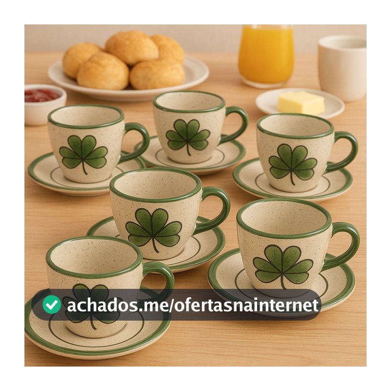 Conjunto 6 Xícaras de Café com Pires em Cerâmica Verde e Bege Estilo Rústico e Elegante