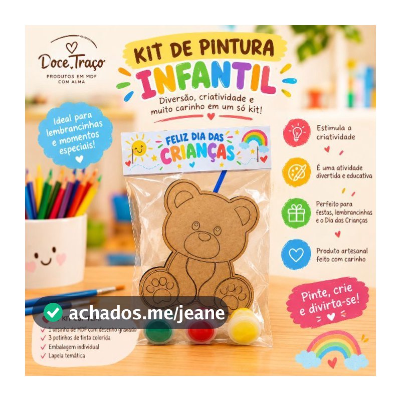 Lembrancinha Infantil Kit Pintura MDF Personalizado com Nome e Idade + Tintas + Pincel + Ímã