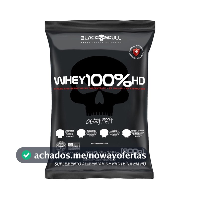 WHEY 100% HD REFIL BLACK SKULL - 900G MORANGO (Whey Concentrado + Isolado + Hidrolisado)