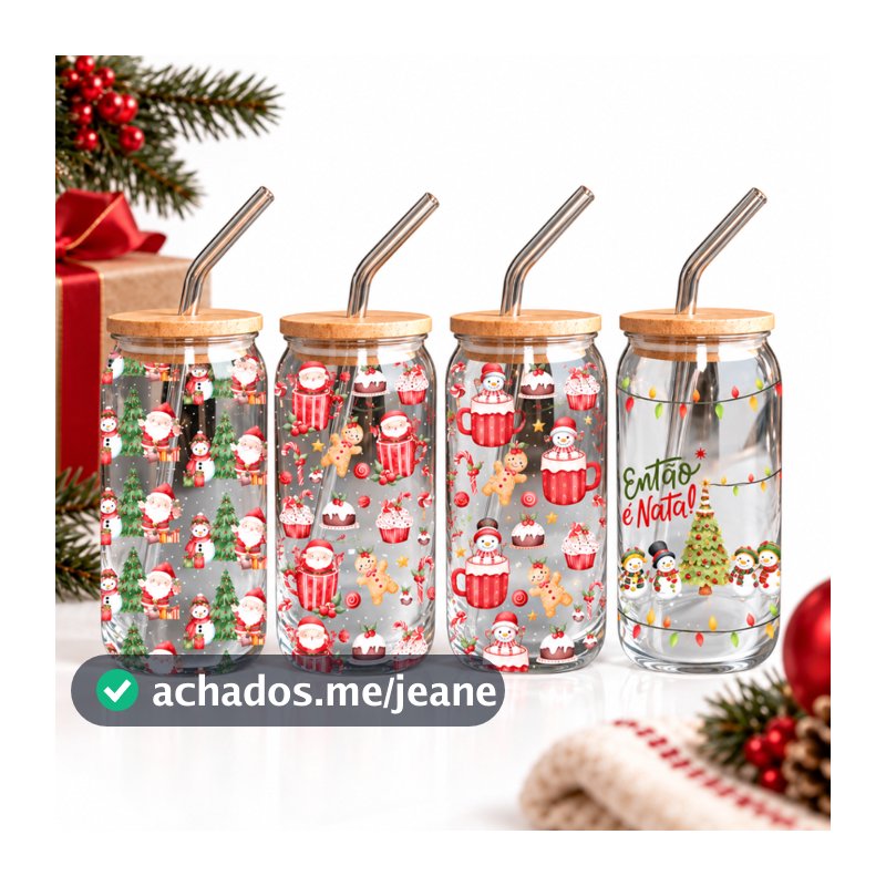 Kit 2 a 5 Copos Vidro Natal 500ml com Tampa Bambu Canudo Decoração Enfeite Festiva Brinde Presente Noel