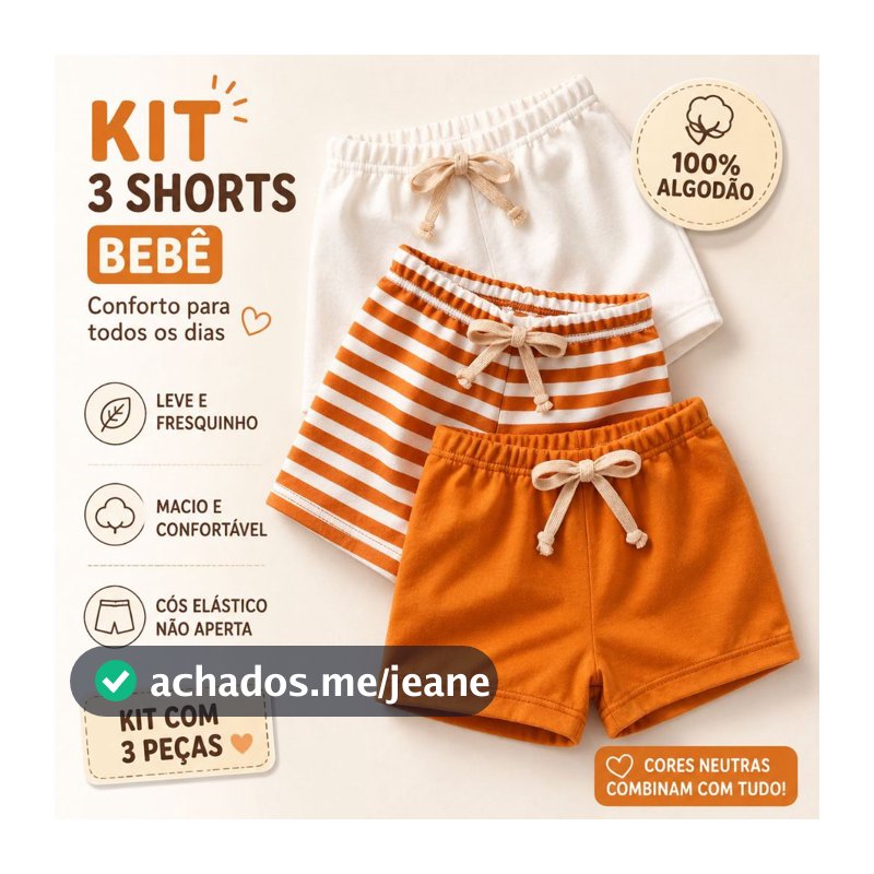 Kit 3 Shorts Bebê Infantil Verão Unissex Com Cós Elástico Confortável em Algodão Macio Dia Dia Leve