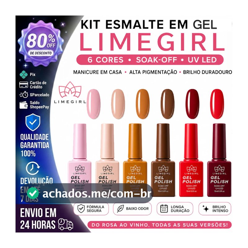 Kit Esmalte em Gel Limegirl 6Cores Soak‑Off UV LED Manicure em Casa Alta Pigmentação Brilho Duradouro Rosa Nude Vermelho