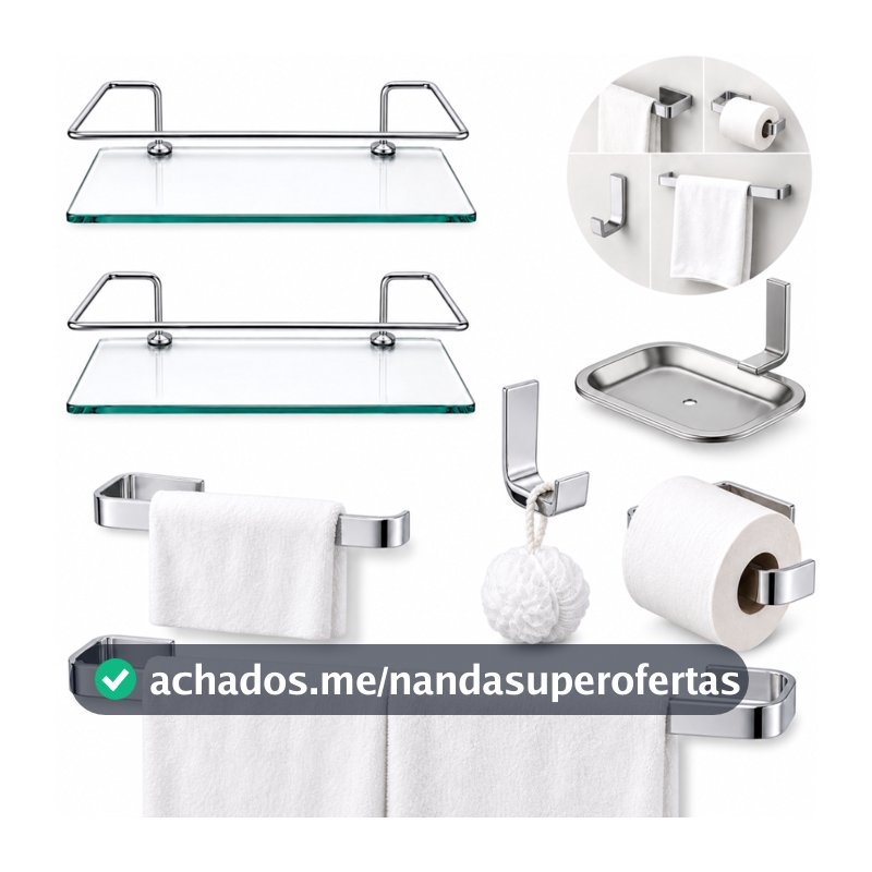 Kit Acessórios Banheiro 5 Peças Inox Cromado + 2 Porta Shampoo Organizador Prateleira Vidro Reto