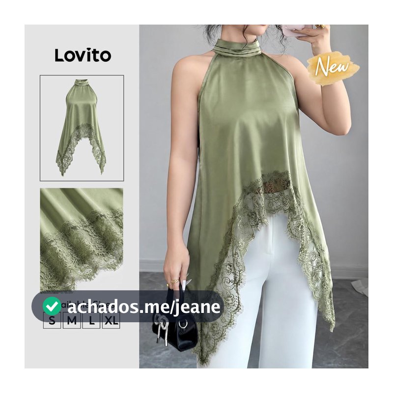(New Arrival) Lovito Blusa Verde Elegante Para Mulheres Lisa E De Cor Sólida Sem Mangas Com Gola Redonda Corte Assimétrico E Acabamento Em Renda Para Primavera E Verão Casual Para Fins De Semana E Trabalho Bordado TKK11BR364