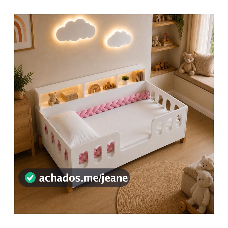 Cama Infantil em Mdf Nina com Colchão + Enxoval Completo Trança Rosa 2,5m Acompanha Nuvem Led