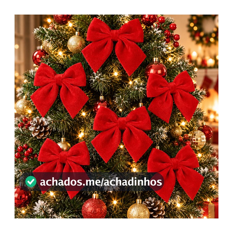 Kit 6 Laços Natalinos Vermelhos de Veludo 14x15cm para Árvore de Natal Guirlanda Porta e Decoração de Casa