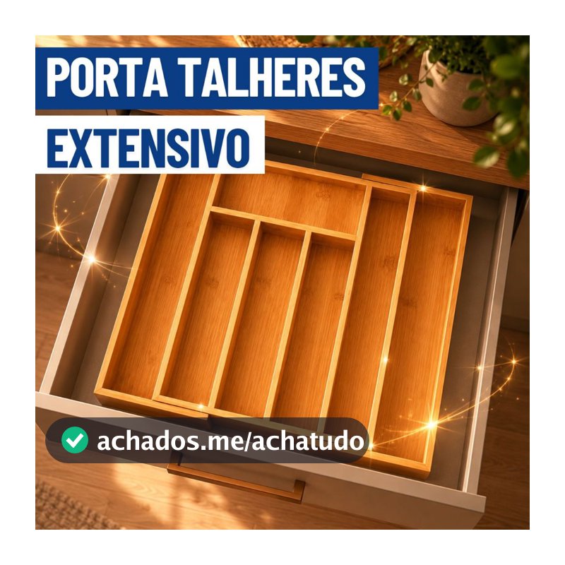 Porta Talheres Extensivo Bambu 7 Divisórias Extensível Ajustável Organizador Madeira