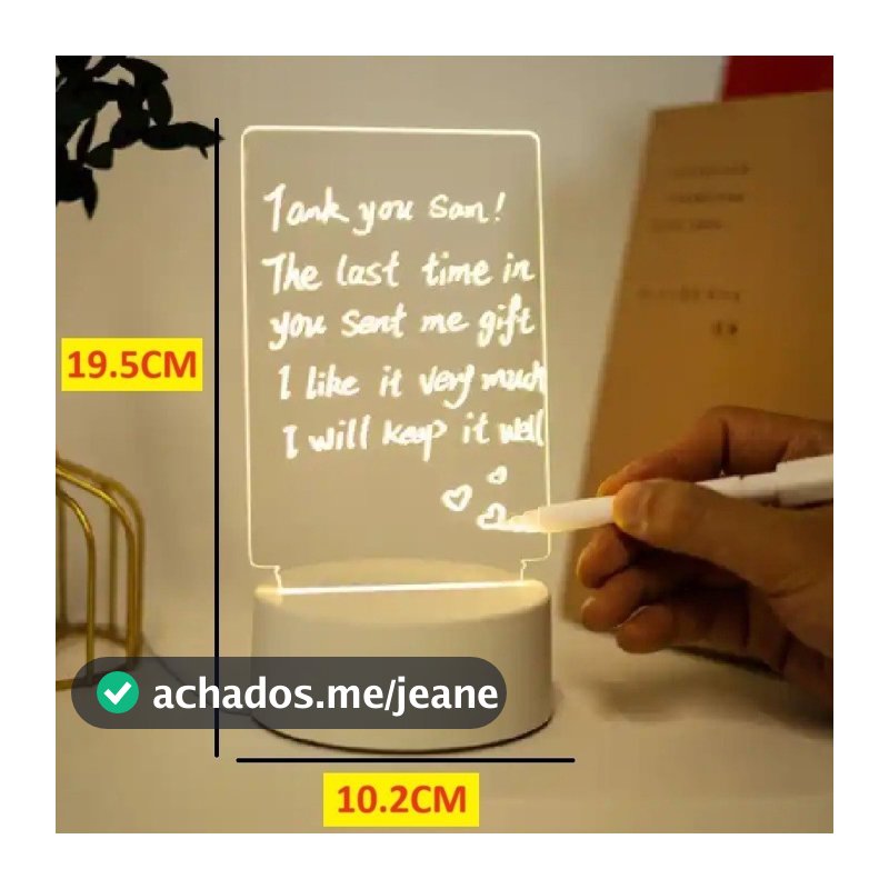 Luminária Lousa Recado 3D Tela Acrílico Escrever Placa Mensagem Com Marcador E Pano De Limpeza