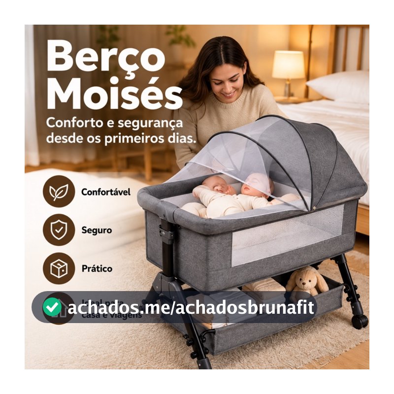 Berço Portátil Bebê Moisés com Mosquiteiro Rodinhas Colchão Incluso Cesto Organizador Recém-Nascido