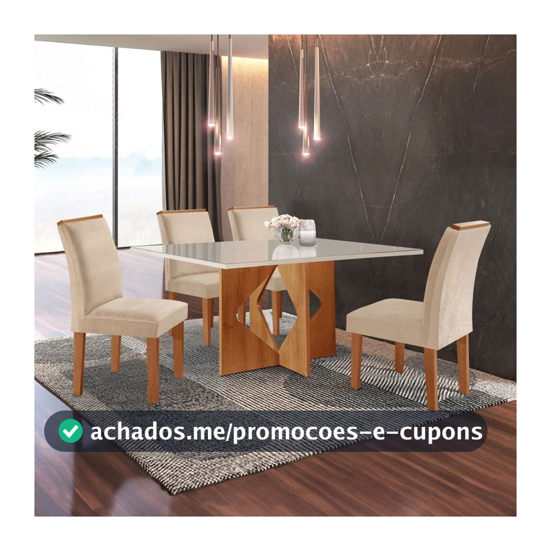 Conjunto Sala de Jantar Mesa Dakota Plus 120x80cm Tampo Vidro com 4 Cadeiras Laura Yescasa Cinamomo/Off White/Suede Pena