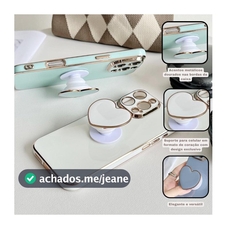 Suporte Pop Socket para Celular Coração, Borda Dourada, Cores Macaron, Retrátil e Adesivo
