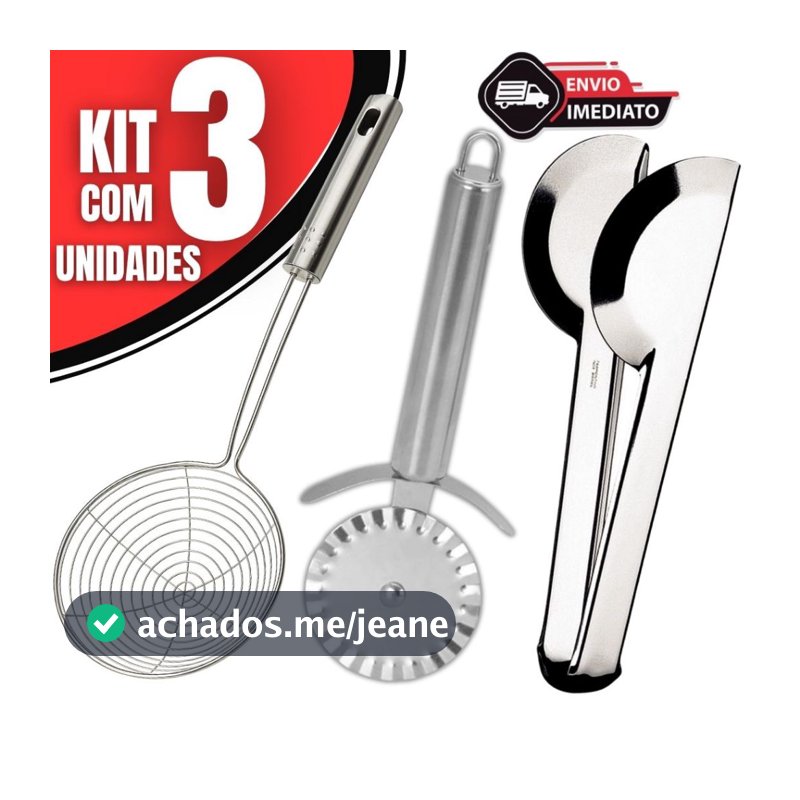 Pegador Inox + Escumadeira Fritura + Cortador de Pastel | Kit Utensílios Cozinha