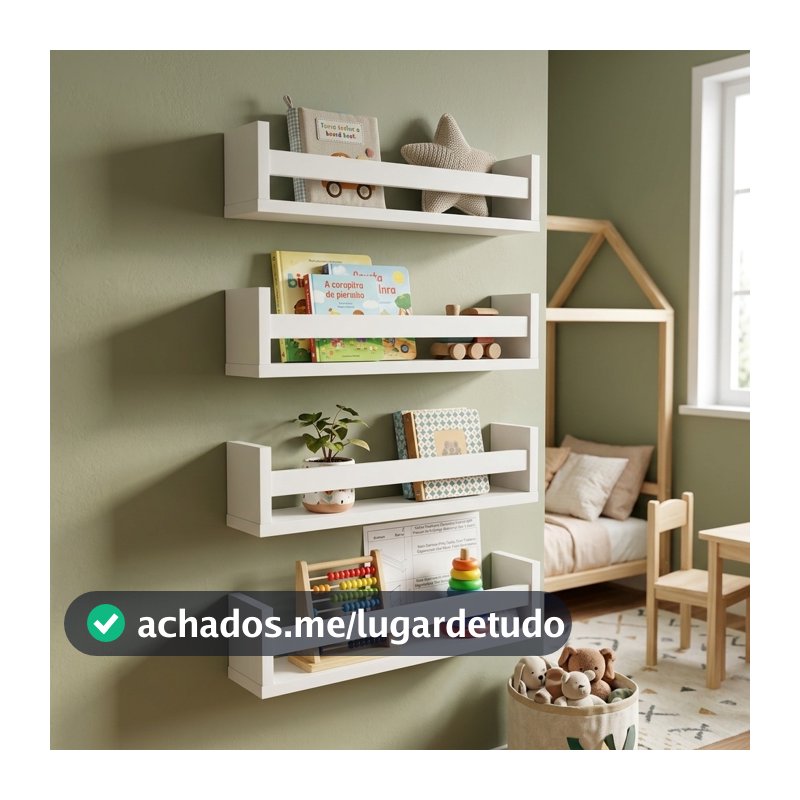 Kit 4 Prateleiras De Parede MDF Branco 50cm Porta Livros Infantil Organizador Quarto Montessori