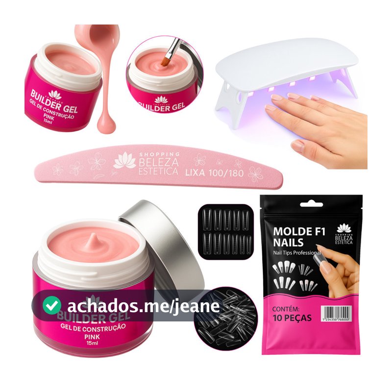 Kit Unhas de Gel Completo Construtor Unhas Profissional – Molde F1 + Lixa + Mini Cabine UV/LED – Nail Designer Completo
